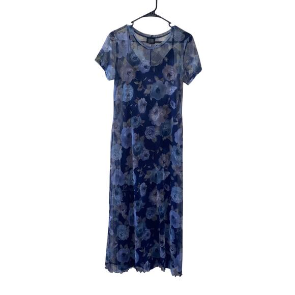 Y2k 90s Floral Maxi Dress TEDDI Short Sleeve Size 8 Sheer Stretch Ruffle Bodycon - Picture 9 of 13